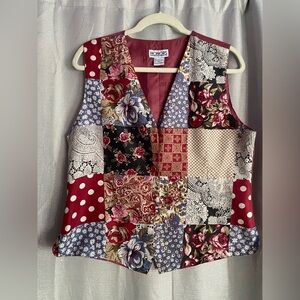 Vintage 90’s honors 100% silk Women's Patchwork Floral Vest - Burgundy and Navy